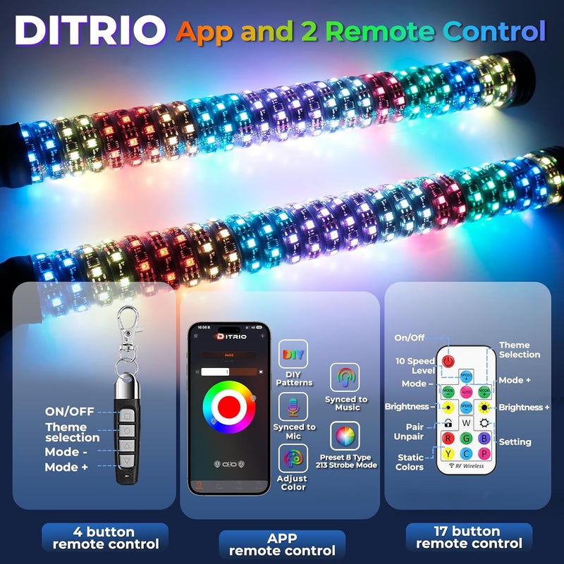 DITRIO 2 Pack 1FT Fat Whip Lights with App & Remote Control, Spiral RGB Chasing Lighted with Kill Switch, Side by Side Whip Lights with 4 Flags for UTV ATV SXS Truck, Multi Color, Waterproof, Music Mode - Image 3